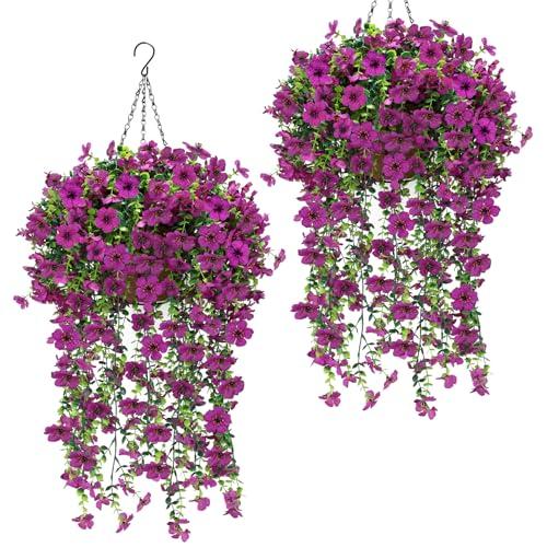 Geegoods 1 Set Artificial Hanging Flowers Plants for Outdoor, Faux Hanging Violet Flowers Baskets with Eucalyptus Vines UV Resistant Realistic Fake Plants for Outside Porch Garden Yard Home Decor