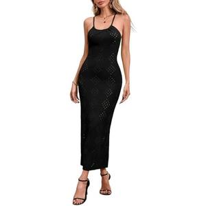 Fisoew Womens Crochet Swimsuit Cover Up Sleeveless Halter Neck Sexy Bodycon Backless Summer Knit Beach Vacation Maxi Dress, L