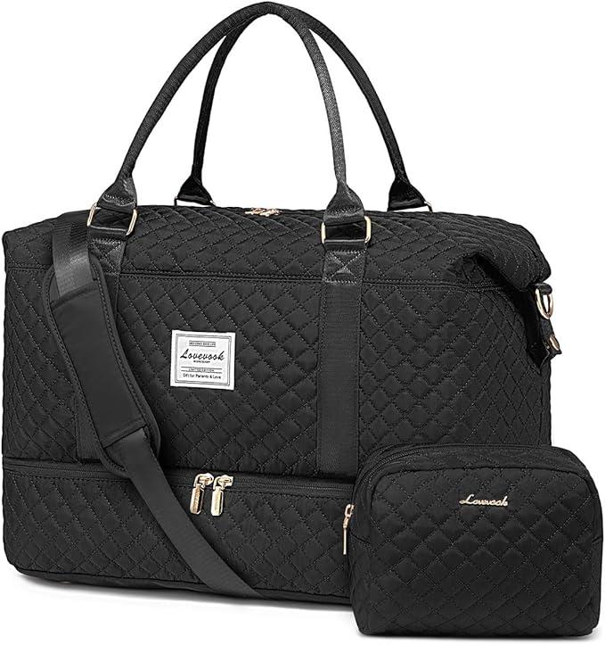 Duffle Bag for Travel, Weekender Bag with Shoe Compartment, Carry On Overnight Bag for Women with Toiletry Bag, Gym Bag with Wet Pocket, Hospital Bags for Labor and Delivery,Black