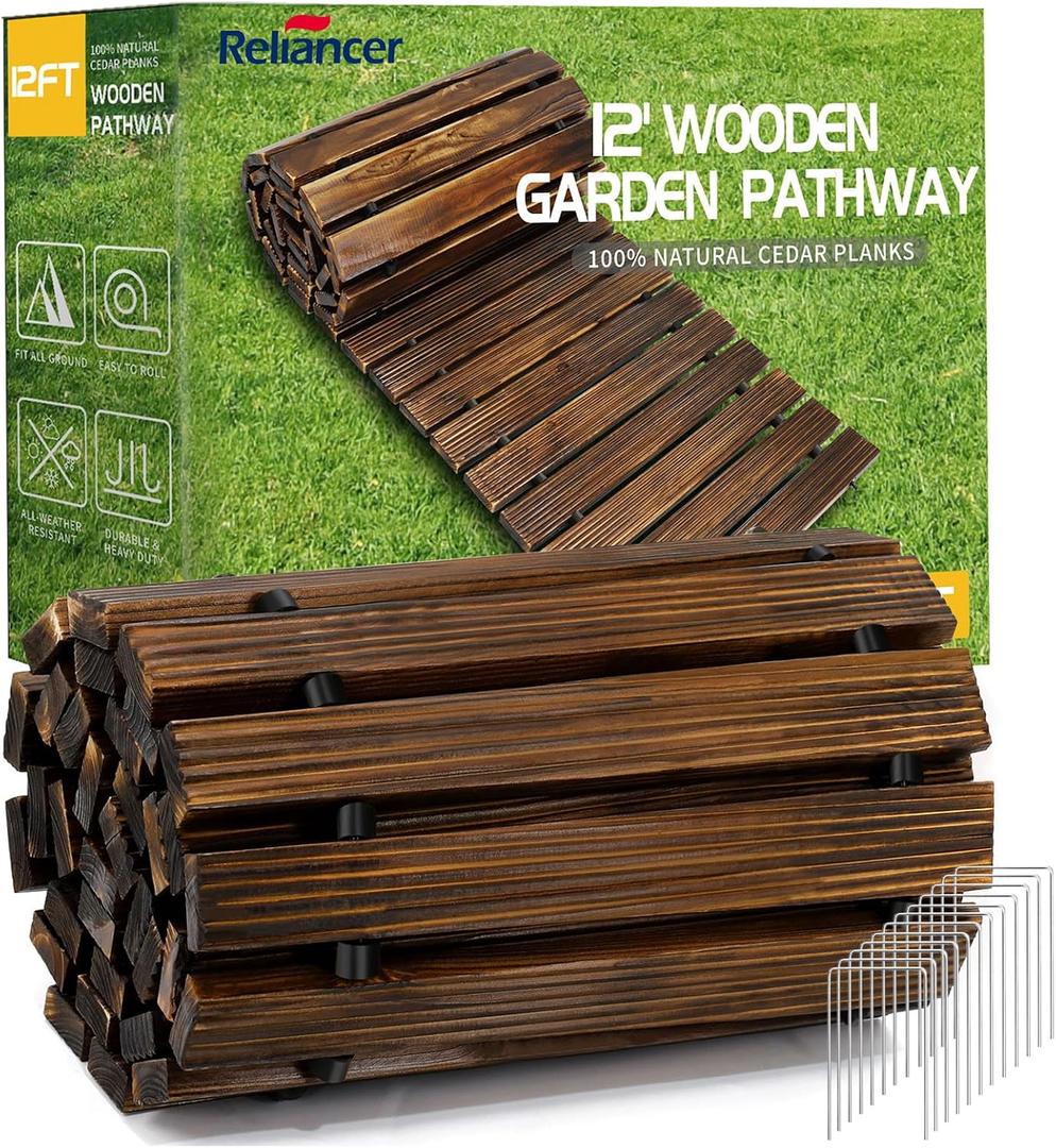 RELIANCER 12' Wooden Garden Pathway,Outdoor Roll Out Cedar Straight Walkway,Patio Path Decorative Garden Boardwalk Walkways,Weather-Resistant Roll Up Beach Wood Road Floor,Wedding Party Pathwaysc