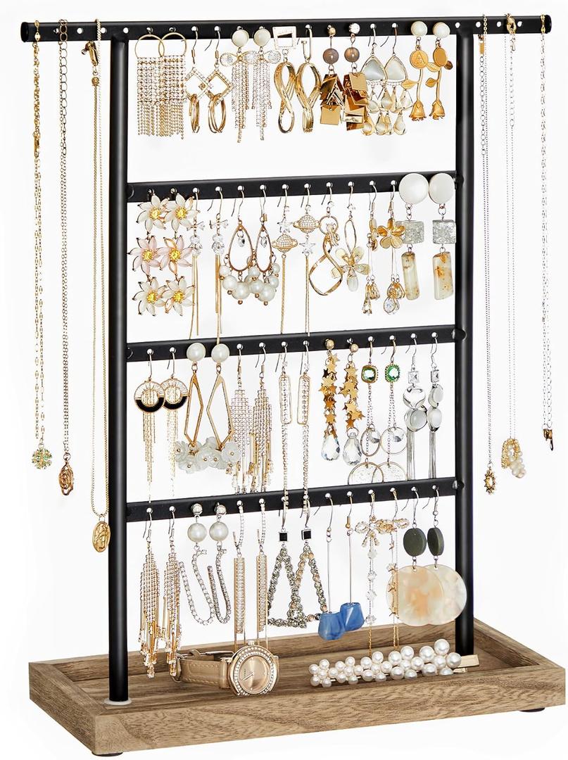 SONGMICS Jewelry Organizer, 4-Tier Earring Holder Organizer Stand with Base Tray, for Studs and Necklaces, Vintage, Christmas Gift, Wood Color and Black UJJS019B01