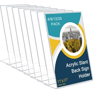 Qilery 8 Pcs Acrylic Sign Holder Clear Display Stand Frame Table Top Slant Back Plastic Sign Holder Flyer Document for Menu Workers Teachers Office School Desktop (11 x 17 Inch)
