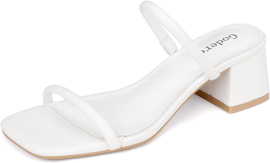 Goderci Women's Chunky Block Low Heeled Sandals Two Strap Square Open Toe Slip On Mule Heels(10,White)