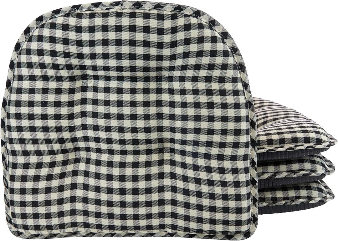 Klear Vu Omega Non-Slip Chair Cushions, Assembled in USA, U-Shaped Skid-Proof Seat Pads for Dining Room, Kitchen, Office, 15"x16", 4 Pack, Gingham Black 4 Count