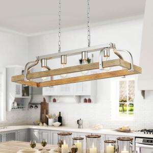 WUZUPS 4-Light Metal Pot Hanging Rack Chandelier Imitation Light Wood Grain Linear Pendant Ceiling Lighting Rustic Farmhouse Fixture Kitchen Island Dining Room, H 9.8" L 34.6" W11.8, E26 Base, Nickel (Imitation Light Wood Grain, Nickel, 4 Lights)