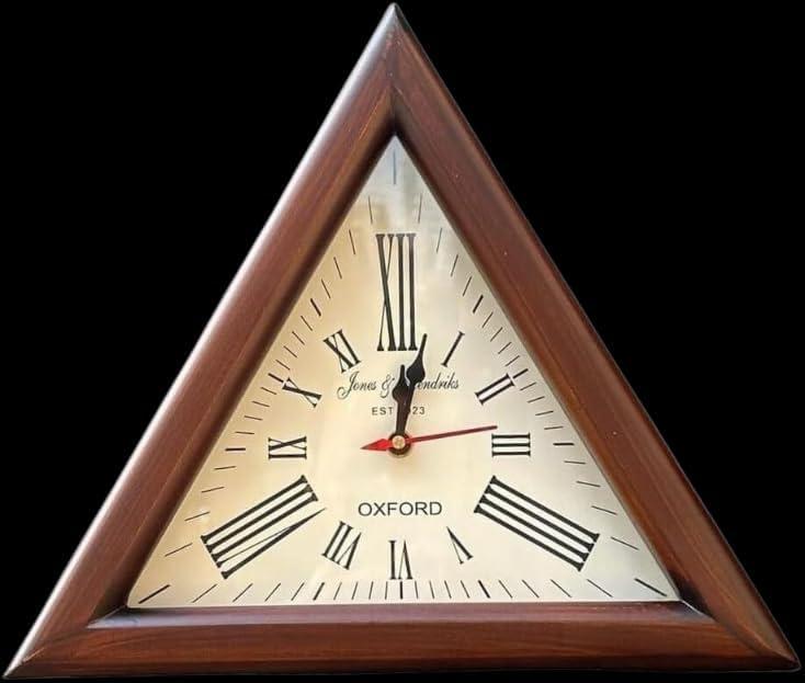 Brown Wooden Triangle Shape Wall Clock, Vintage Nautical Style Roman Number Silent Wall Clock, Mid Century Modern Operated Mantel Wall Hanging Clock for Living Room, Kitchen, Bedroom (12 Inch)