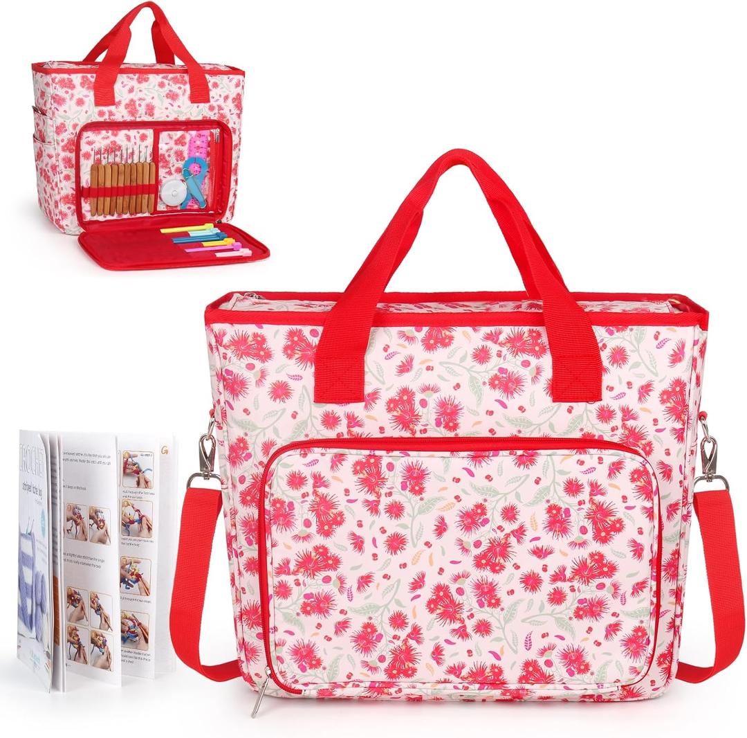Katech Upgraded Crochet Bag with Beginner Crochet Books, Large Yarn Storage Bag Crochet Tote Bag for Crochet Hooks Knitting Needles and Project, Yarn Storage Organizer with 6 Grommets (red)