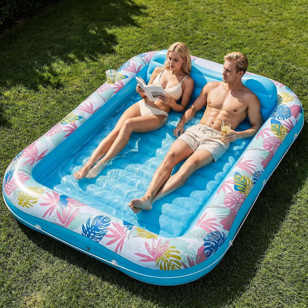 Tanning Pool Lounger Float, OKSUWATER 87" x 63" Pool Floats Adult with Headrest & Drink Holder, Blow-Up Bed Sun Tan Tub for Sunbathing, Beach, Backyard, Outdoor, Summer Water Party (Blue-XL)