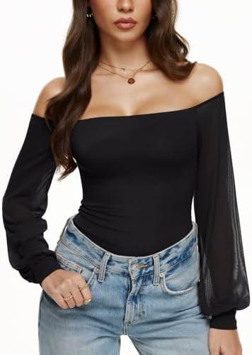 REORIA Womens Off The Shoulder Sheer Mesh Puff Long Sleeve Thong Bodysuit Tops, S