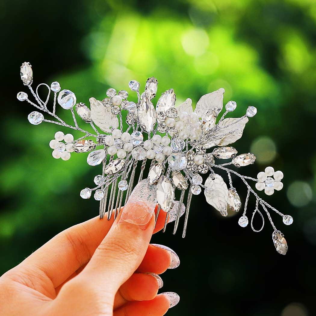 Gorais Leaf Bride Wedding Hair Comb Pearl Bridal Hair Piece Crystal Side Comb Hair Accessories for Women and Girls