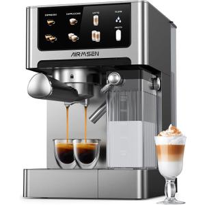 AIRMSEN 20 Bar Espresso Machine with Automatic Milk Frother for Home, Cappuccino & Latte Coffee Maker with Quick Brew Dual Boiler (1350W + 1000W), Stainless Steel, 60oz Water Tank, Touchscreen
