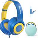 Kids Wired Headphones with Microphone, Volume Limited to 85/94dB, Foldable 3.5mm Jack Headset for Girls, Pink Over-Ear Headphones for School, Study & Travel, Includes Carry CaseBlue