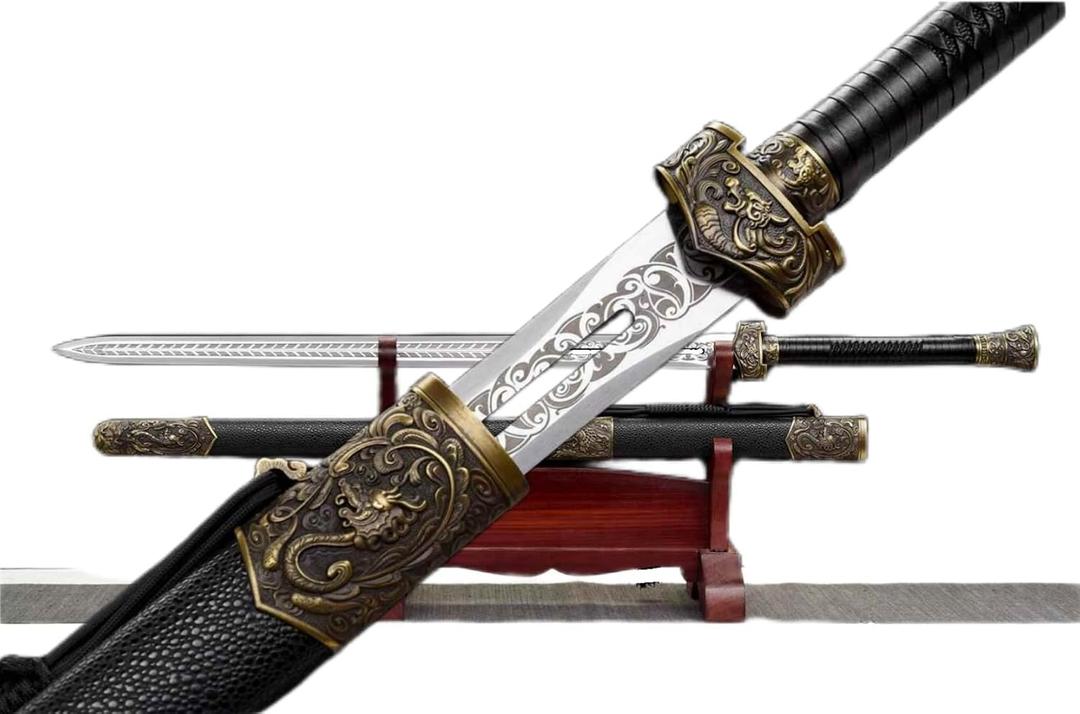 LOONGSWORD Dragon‑Phoenix Chinese Sword – Hand‑Forged High‑Manganese Steel, Hollow-Etched Blade & Alloy Dragon/Phoenix Guard, Wooden Scabbard, Martial Arts & Display Collectible