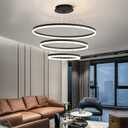 Modern Chandeliers for Living Room, 3-Ring Circles LED Pendant Light Fixture Chandelier for Dining Room, Adjustable Height, Tri-Color Dimmable, Black Finish
