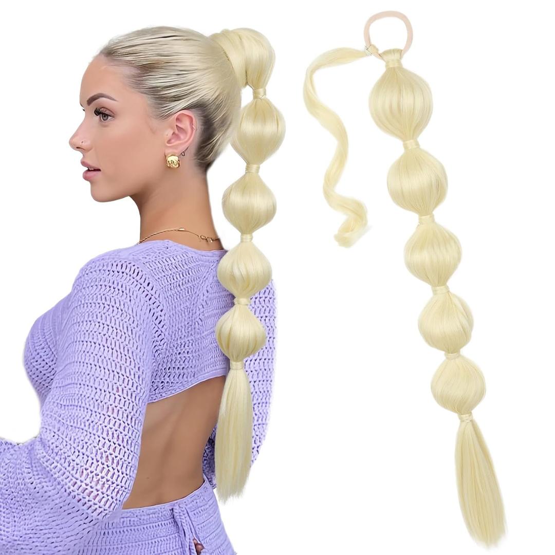 LONAI Bubble Ponytail Extension for Women,28 Inch Long Braided Wrap Around Synthetic Hair with Leather Cord, Straight Afro Puff, Braided Ponytail Extension Blonde