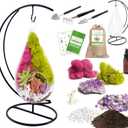 7" DIY Teardrop Terrarium Kit with Live Plants - Hanging Glass Planter with Stand for Adults & Kids - Build a Mini Ecosystem with Moss, Crystals, Tools - Made in The USA