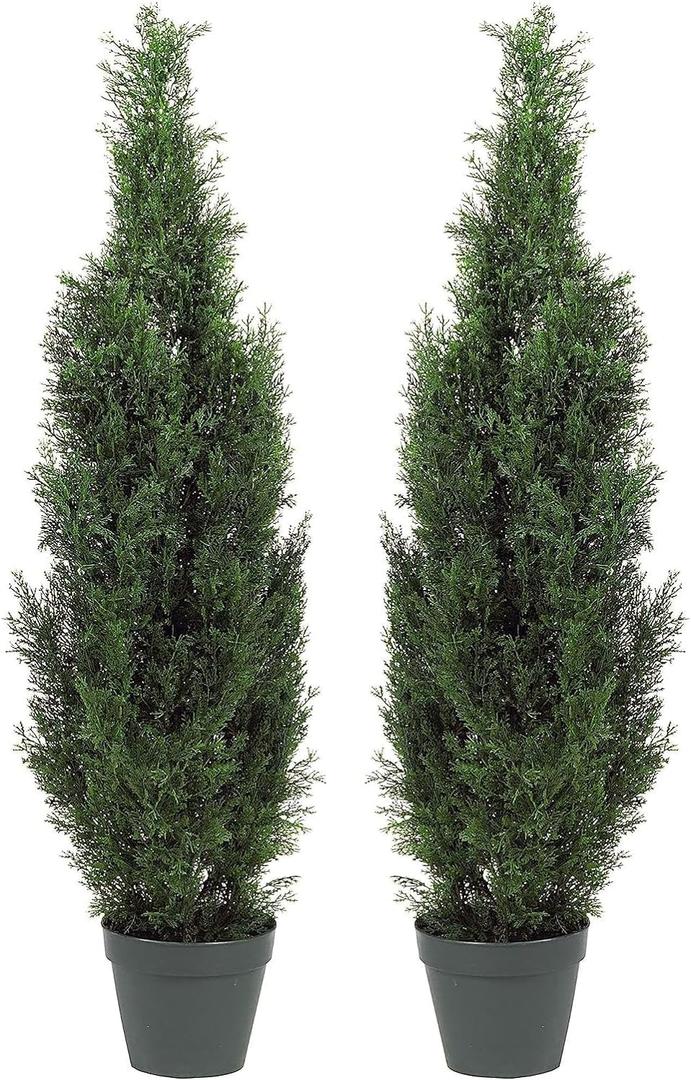  4FT Faux Cedar Tree, Outdoor Front Porch Dcor, Faux Cedar Tree Pine Tree in Nursery Planter with UV Resistant Coating, Set Of 2