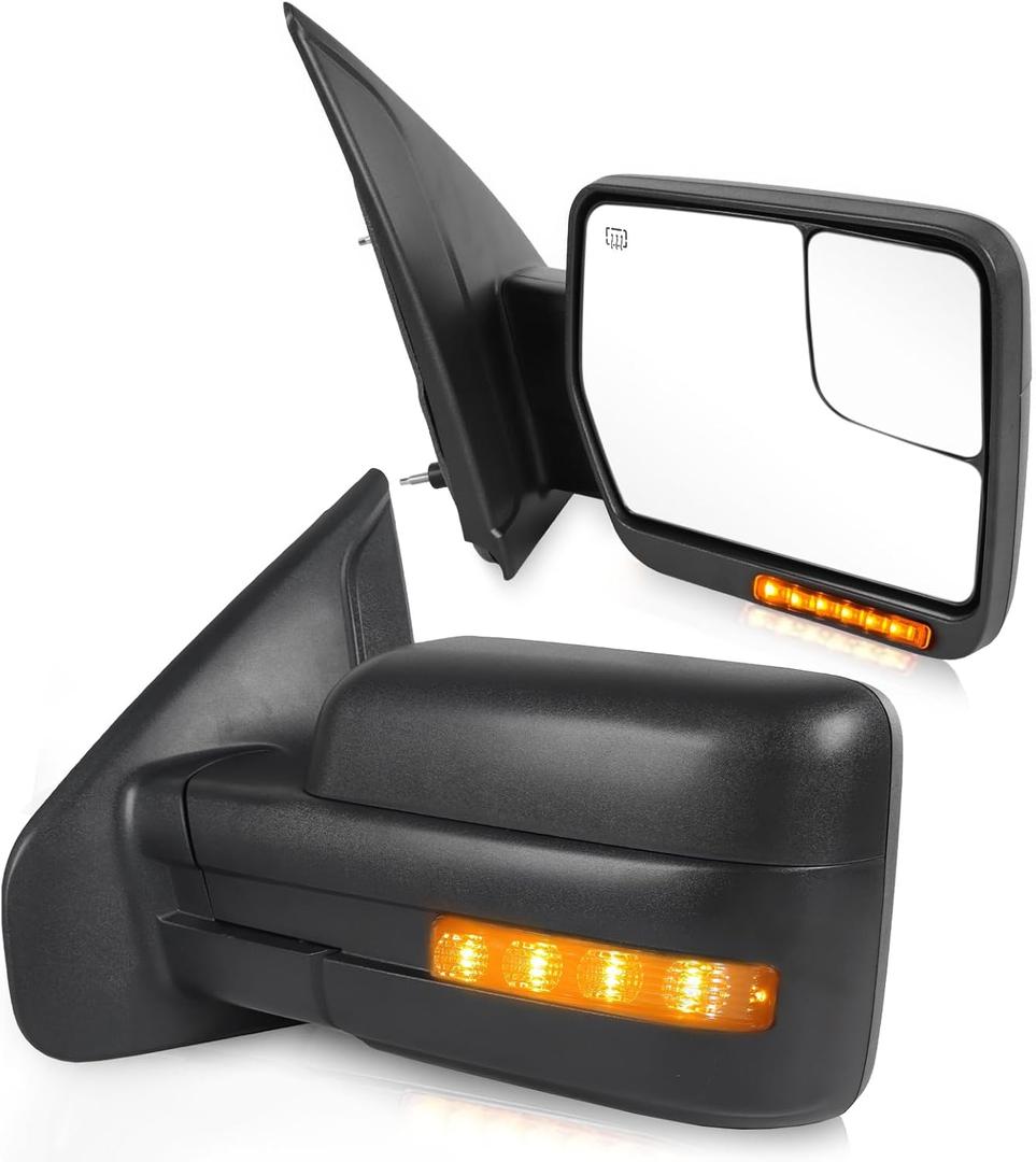 JDMSPEED Pair Driver & Passenger Side Tow Mirrors Compatible with 2004-2014 Ford F-150 with Heated Power Glass Manual Folding Turn Signal Puddle Light(Black)