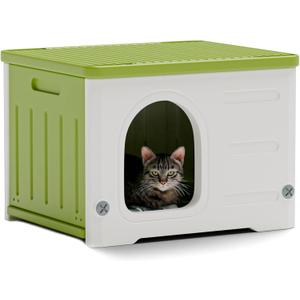 Plastic Cat House for Outdoor Indoor Use, Stackable Feral Cat Shelter Indoor Cat House Weatherproof Waterproof Elevated (Green)