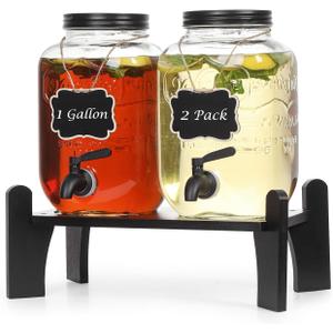1 Gallon 2 pack Glass Drink Dispensers for Parties, Ice Beverage Dispensers with Stand, Juice Dispenser, Glass Water Dispenser with Stainless Steel Spigot, Lemonade Dispenser