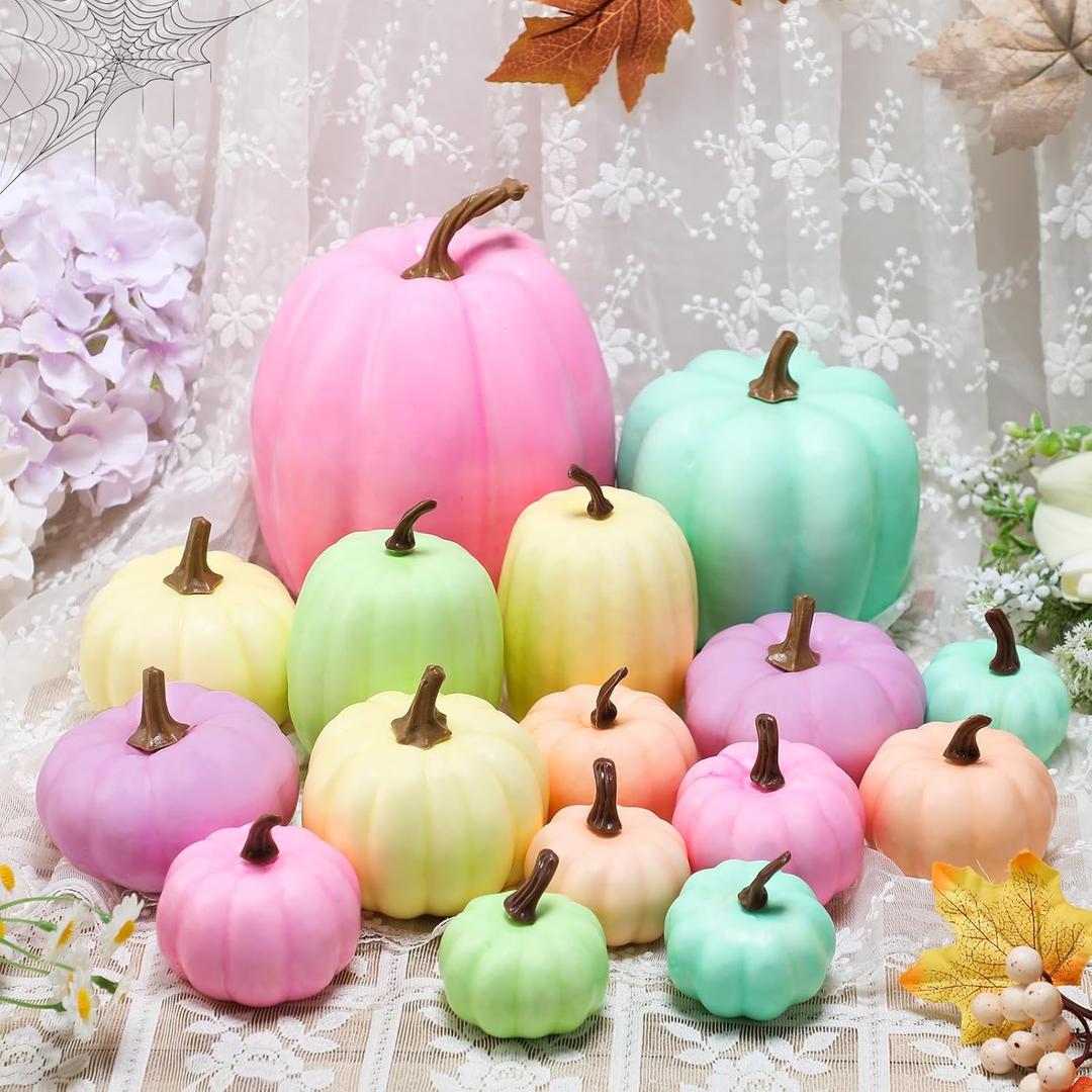 16 Pcs Thanksgiving Fake Pumpkins Fall Decor Colorful Foam Artificial Pumpkin Fall Party Decorations Harvest Assorted Size Faux Foam Decor for Thanksgiving Autumn Halloween Party,(Pastel Color)