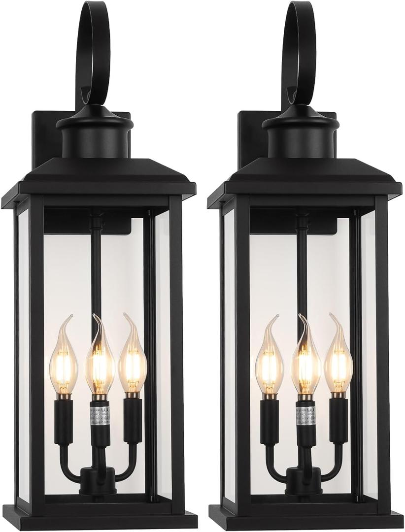 24" Extra Large Outdoor Wall Light Fixture 2-Pack, Black 3-Light Modern Porch Lantern, Waterproof Exterior Lighting Sconce Wall Mount, Outside Lamp for House Garage Patio E12 Base (2 PK No Sensor)