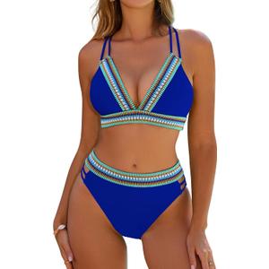Blooming Jelly Womens High Waisted Bikini Sets Color Block Two Piece Swimsuit V Neck Crisscross Back Bathing Suit (X-Large, Royal Blue)