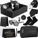 Geyoga 12 Pcs Men Father's Day Birthdays Gift Set with Box for Men Him Basket Thank You Dad PU Leather Wallet Leather Toiletry Bag Tie Socks Belt Keychain Sunglasses Pen Compass Set
