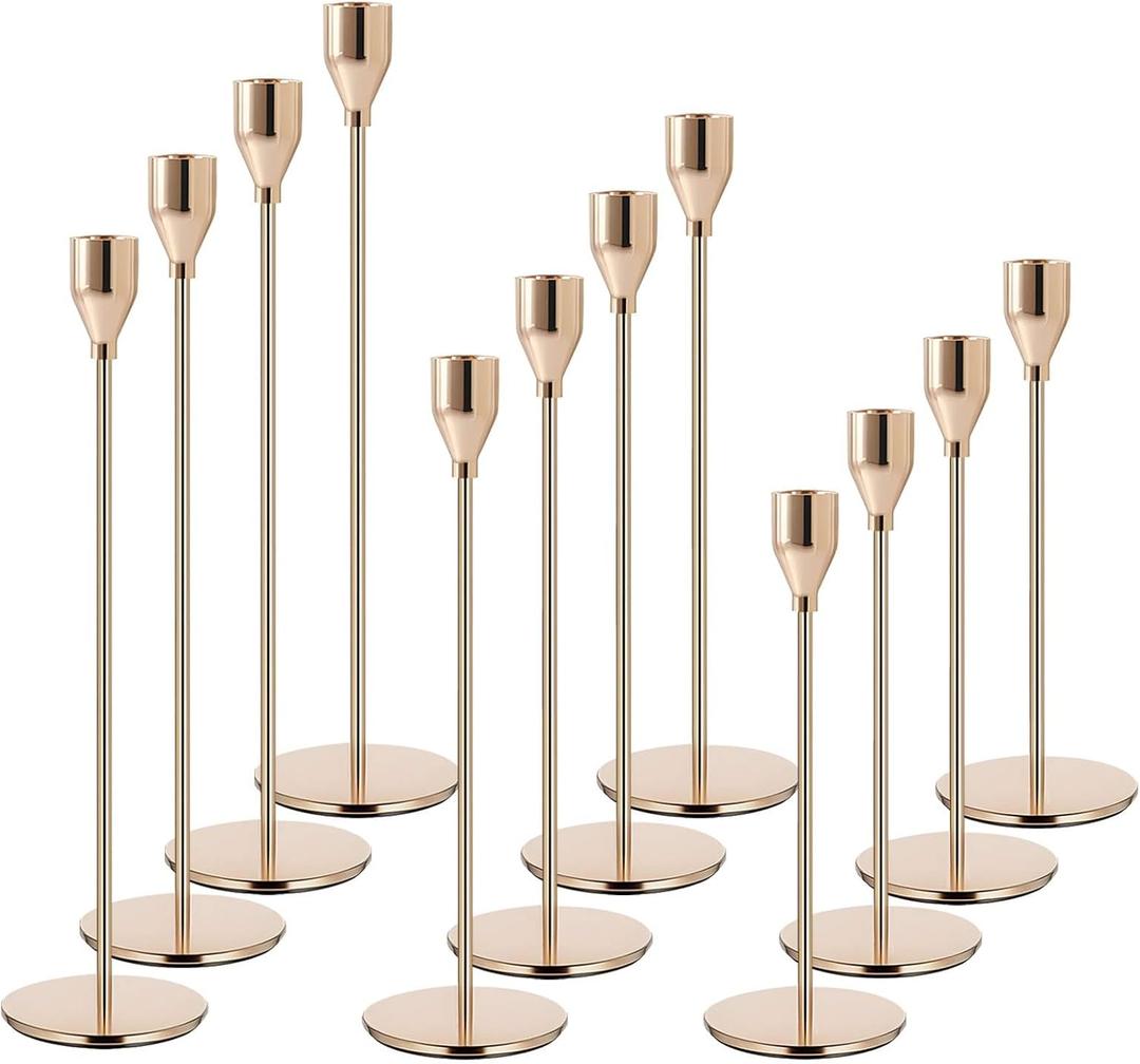 Gold Candlestick Holder French Gold Candle Holders for Table Centerpieces, Wedding, Party, Fits 3/4 inch Candles, Metal Taper Candle Sticks Holders Decor for Dinner, Home Decor (Set of 12)