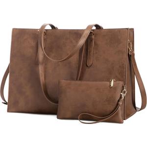 LOVEVOOK Laptop Bag for Women, Vintage Leather Works Computer Tote Bag, 15.6-Inch Large Capacity Shoulder Bag Set with Clutch Purse, Professional Business Briefcase for Office Lady, 2Pcs, Brown