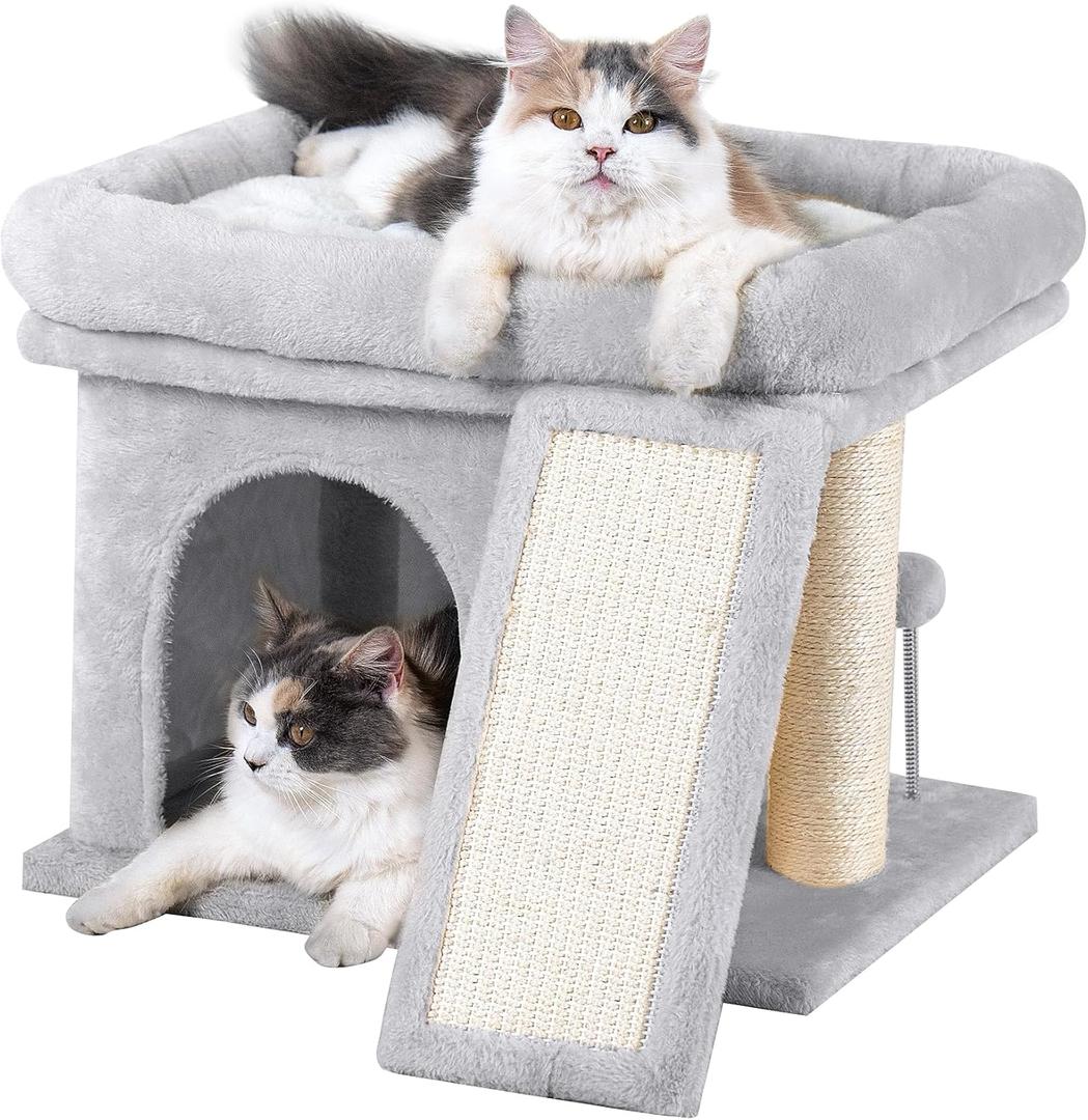 Aechonow 14in Cat Tree Tower with 20 * 16.5in Perch Bed and Washable Top for Large Adult Cats, Condo and Scratching Post for Indoor Kitten Pet, Light Gray