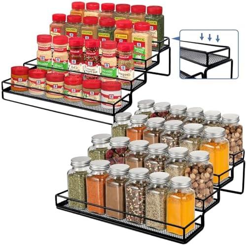 IFELS Spice Rack Organizer for Cabinet, 4 Tier Seasoning Organizer, Expandable Shelf, Step Storage Holder, Kitchen Cabinet Countertop, with Protection Railing, Metal (Black, 4 Tier, 2Pack)