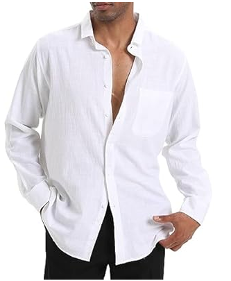 ZEROYAA Men's Fitted Cotton Linen Long Sleeve Banded Collar Button Up Shirts Lightweight Beach Tops with Pocket, Size XL