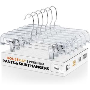 HOUSE DAY Clear Skirt Hangers with Clips, Non-Slip Pants Hangers for Closet, Clip Hanger for Pant, Skirts, Shorts, 14'' Clear Plastic Hanger, Pack of 25