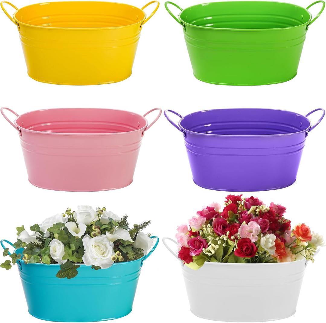 Foraineam Metal Flower Planter Pots Oval Plant Pot Holders with Handles, Floral Arrangement Bucket Tubs, Garden Succulent Cactus Container for Indoor Outdoor Wedding Party Events Decor, 6 Colors