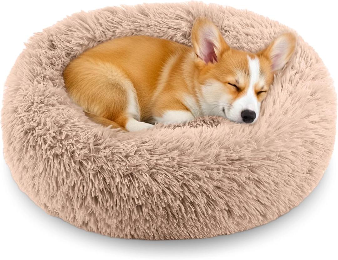 Calming Anti-Anxiety Donuts Dog And Cat Bed, Round Fluffy Soft Washable Small Medium Pet Bed For Puppy & Kitten, Cuddler Warming Comfortable Cushion, Luxury Anti-Slip Waterproof Mute Base 20in (Camel)