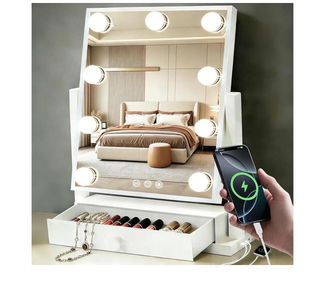 Makeup Mirror with Lights with Drawer Storage Type-C and USB Charging PortVanity Mirror with Charging Station Hollywood Mirror 9 LED Bulbs 3 Colors Dimmable Gifts No installation required