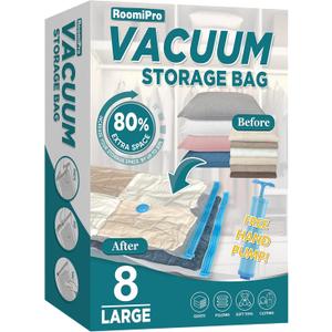 Space Saver Vacuum Storage Bags, 8 Large Vacuum Sealer Bags with Pump, Storage Vacuum Sealed Bags for Clothing, Comforters, Blanket Storage, Bedding