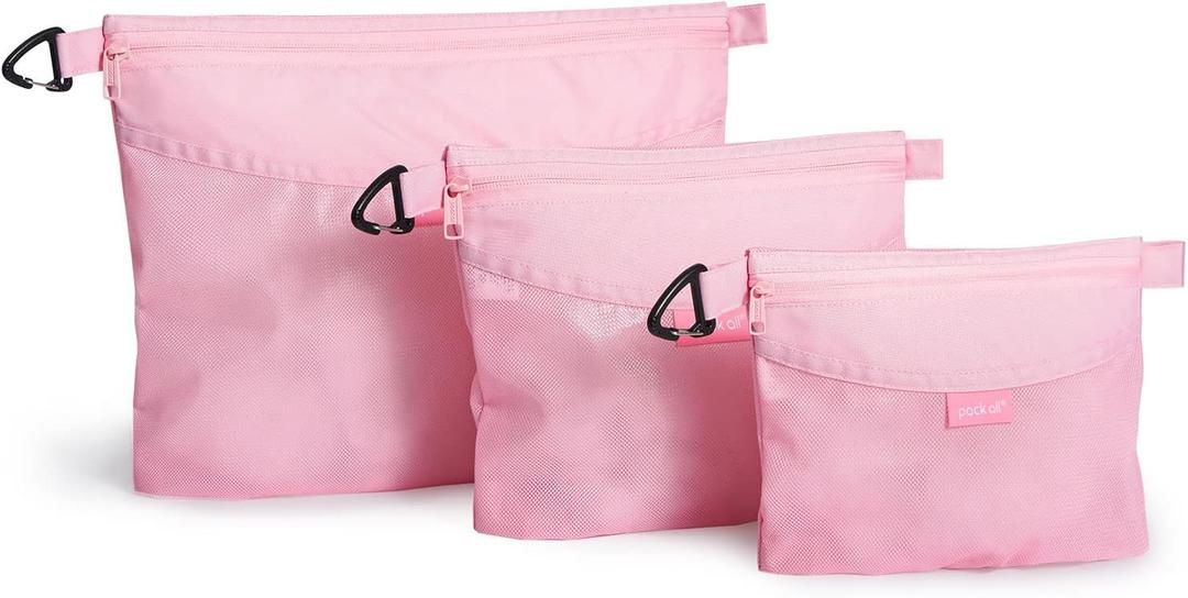 pack all 3 Pcs Water-resistant Material Zipper Pouch Set, Mesh Zipper Bags for Storage, Travel, Office (Pink)