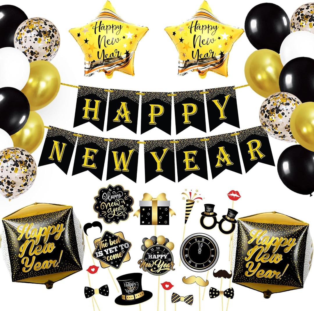KatchOn, New Years Eve Party Supplies 2026 - Huge, Set of 76 | Black and Gold Happy New Year Banner, 2026 Balloon Numbers | New Year Foil Balloons, New Years Photo Booth Props | NYE Decorations 2026
