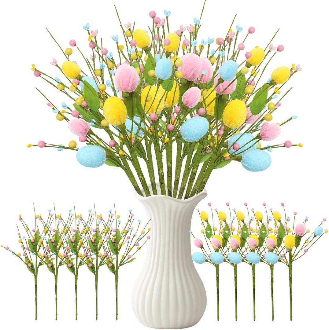 10 Pcs Easter Decorations with Eggs, Artificial Flowers for Spring Easter Tree Ornaments Indoor & Outdoor Decor, Easter Home Table Decor & Tree Decorations for Festive Celebrations