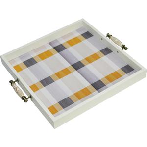 Rustic White Wooden Frame Plaid Serving Tray with Ceramic Handles, Yellow Grey White Checkered Decorative Breakfast Tray, Velvet Bottom, 16.3" x 15" x 1.6"