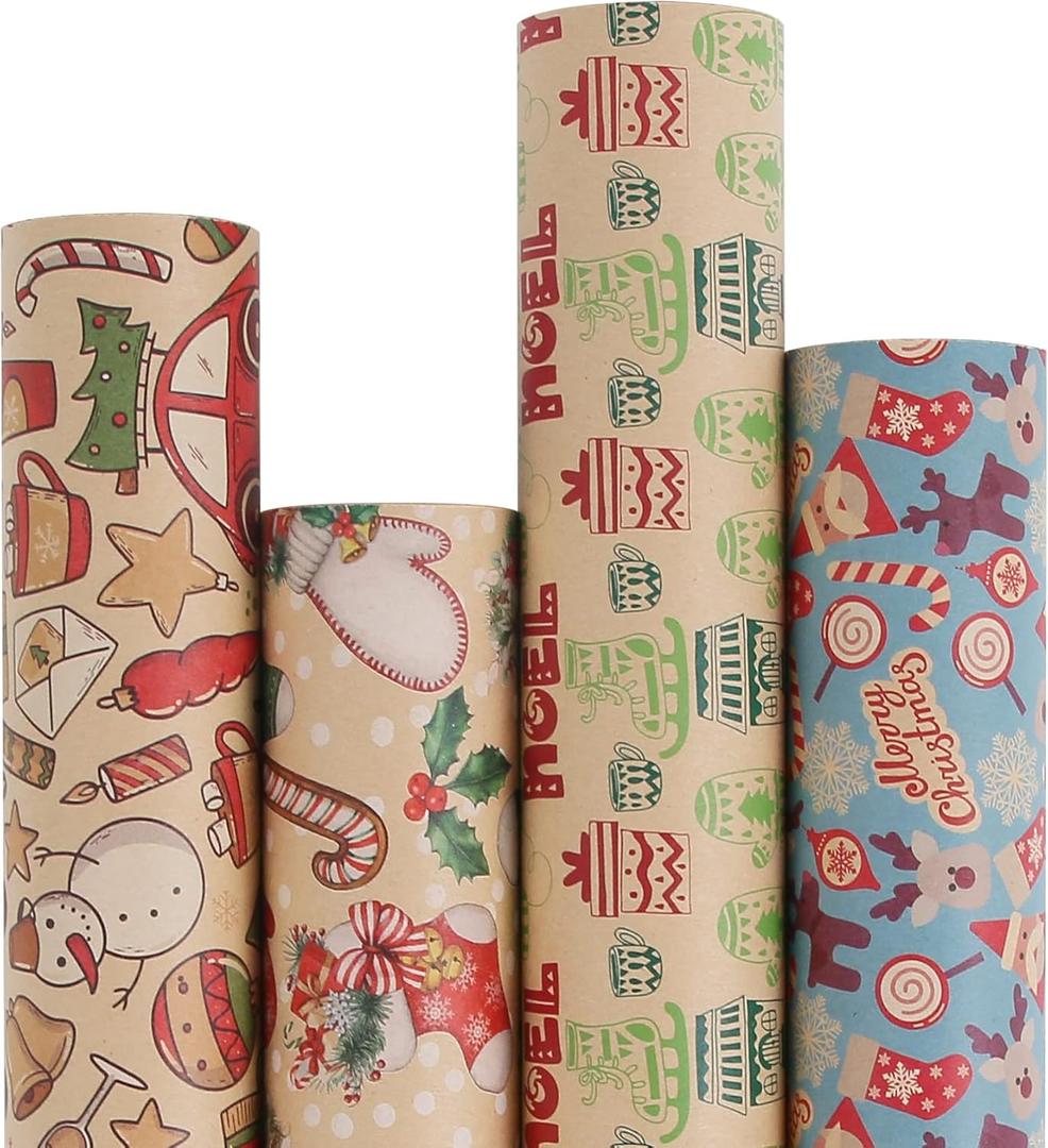 Aimyoo Kraft Christmas Wrapping Paper Set, Vintage Kids Xmas Gift Wrap Paper Rolls, Stockings Candy Canes Santa Deers Snowman Skating Shoes Designs,17 in x 16 ft per Roll