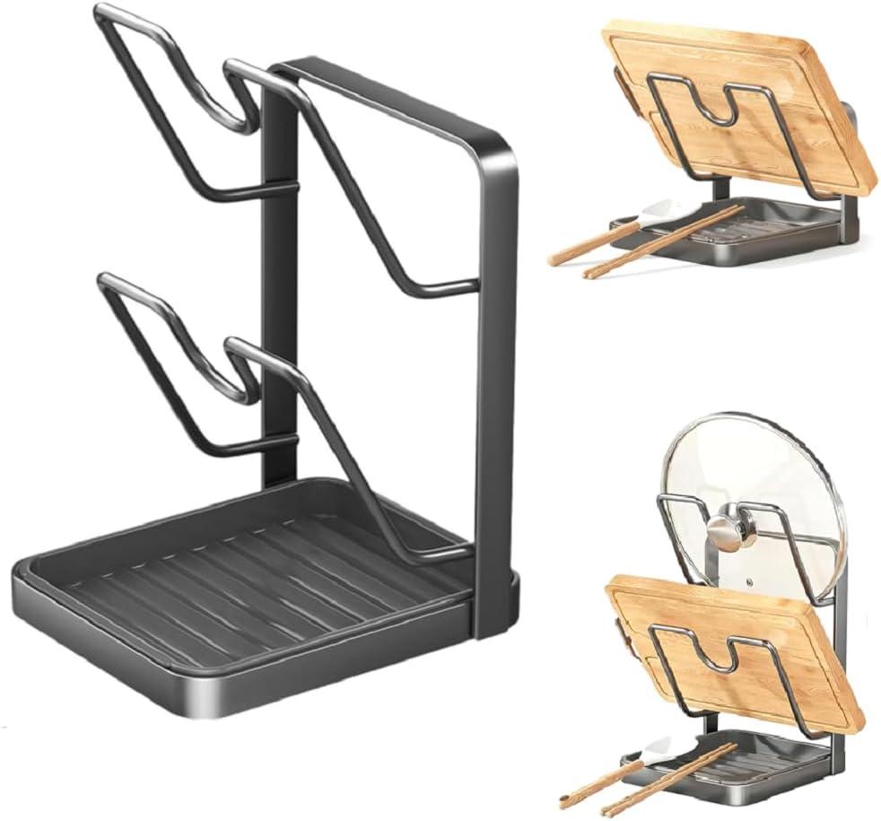 Kitchen Pot Lid Storage Rack With Slots, Lid Holder While Cooking & Spoon Rest, Pot Lid Organizer with Removable Drip Tray for Countertop, Space-Saving Counter Lid Stand For Pots Pans (Double-layer)