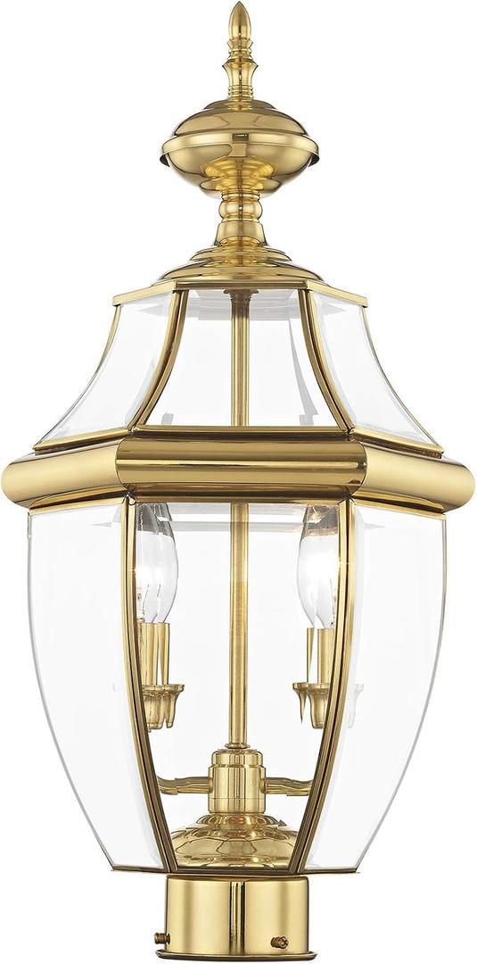 Livex Lighting 2254-02 Monterey 2 Light Outdoor Polished Brass Finish Solid Brass Post Head with Clear Beveled Glass