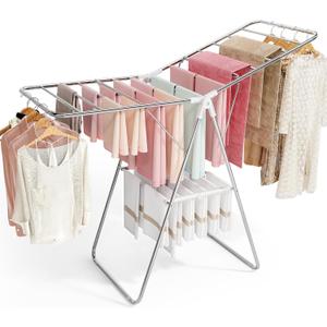 APEXCHASER Clothes Drying Rack, Stainless Steel Drying Rack Clothing with Height-Adjustable, Foldable Gullwings Laundry Drying Rack, Indoor Outdoor Use, No Assembly, White