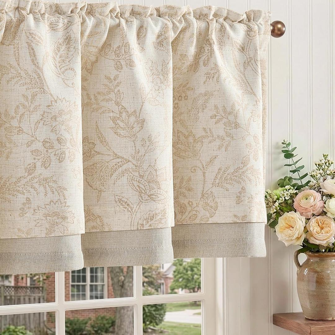 Linen Valance Curtain Farmhouse Floral Printed Small Window Curtain for Kitchen Rustic Light Filtering Valance for Living Room Bedroom Bathroom 16 Inch Rod Pocket, 1 Panel Taupe on Beige
