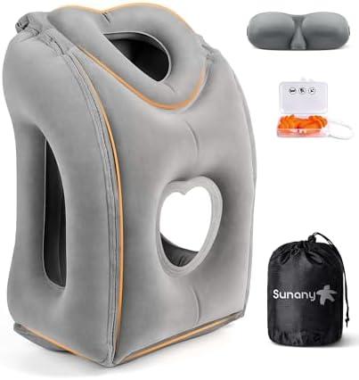 Sunany Travel Pillow, Upgraded Plane Pillow for Long Flights, Inflatable Neck Pillow Used for Airplanes,Cars,Buses,Trains,Office Napping with Eye Mask,Earplugs (Gray)