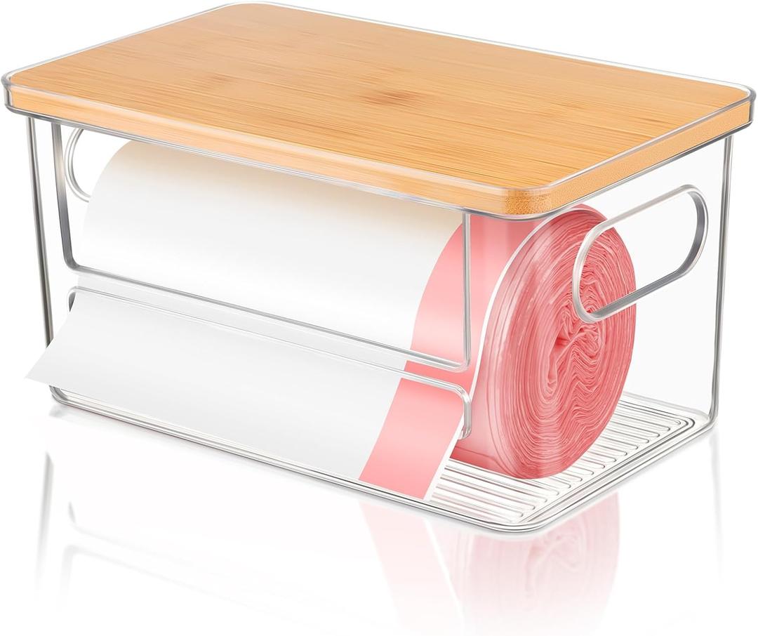 Trash Bag Holder Dispenser, Garbage Bag Dispenser with Bamboo Lid & Handles, Stackable Clear Trash Bag Organizer Under Sink for Kitchen, Pantry, Laundry Room, Cabinet