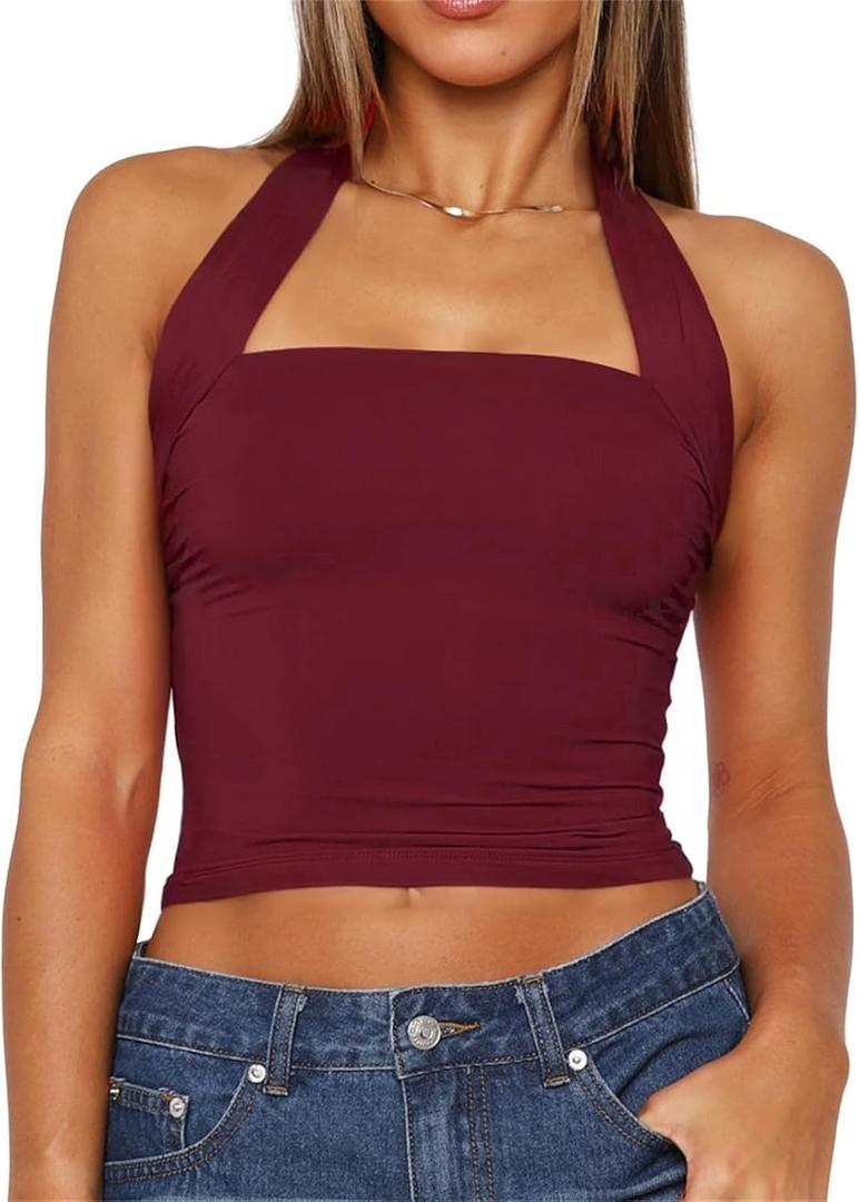 TiulZial Women Sexy Halter Neck Backless Tank Top Open Back Sleeveless Slim Fit Y2k Summer Tops (Red, M)
